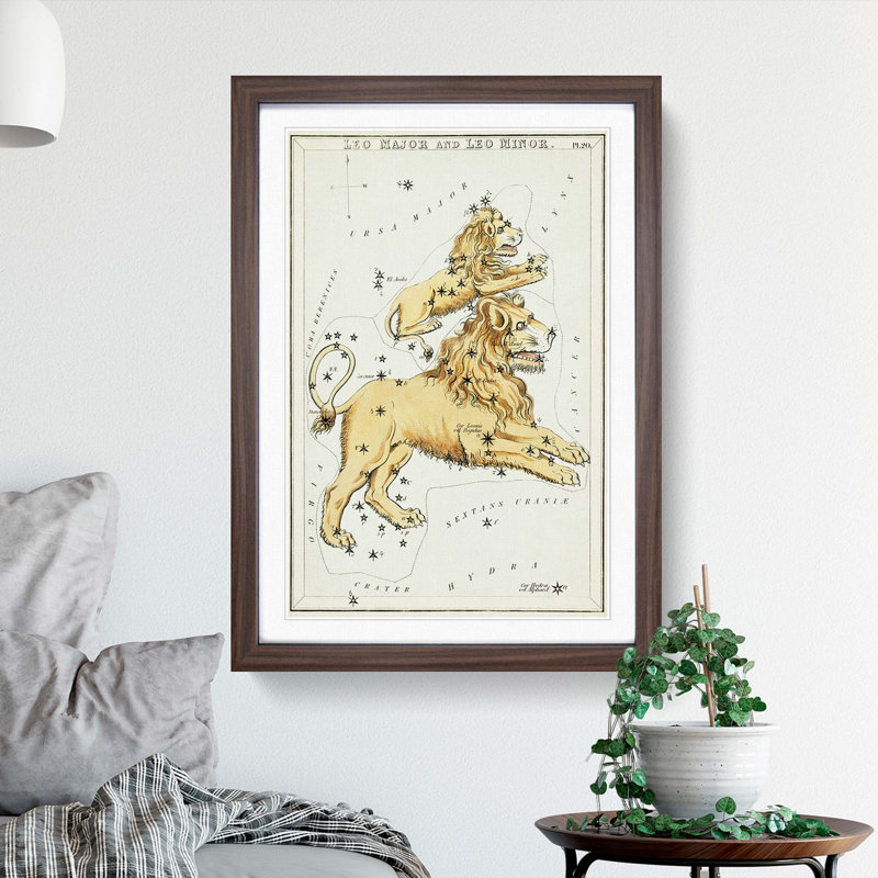 Astronomical Zodiac Chart Of The Leo Constellation - Single Picture Frame Painting, 33cm H x 24cm W x 2cm D, Walnut