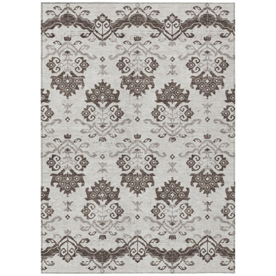 9' X 12' Chocolate Taupe And Beige Oriental Washable Indoor Outdoor Area Rug