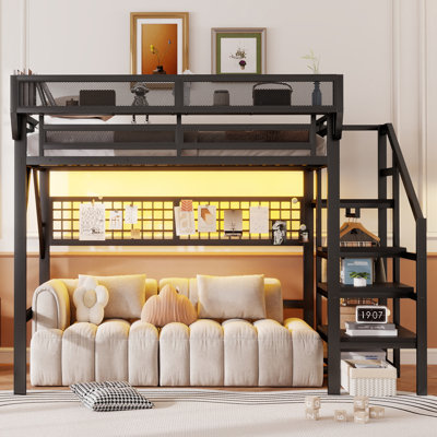 Full Size Loft Bed With Stairs, Metal Full Loft Bed With Light And Storage, High Loft Bed With Wardrobe And Storage For Kids Teens Adults, Black