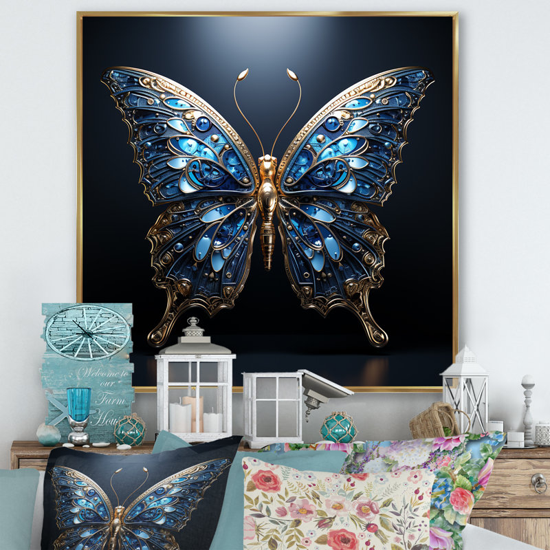 «Butterfly Watery Blues I», reproduction sur toile, H 36 po x l 36 po, Cadre flottant doré