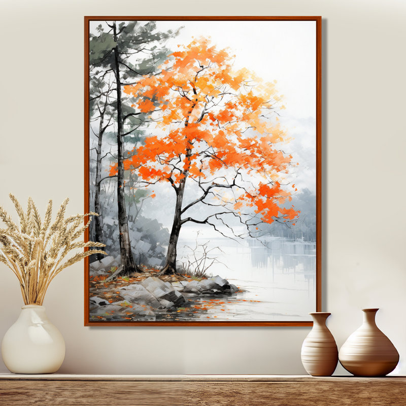 Orange et gris, forêt, automne, élégance I - art mural forêt, H 40 po x l 30 po x P 1,5 po, Cadre flottant brun