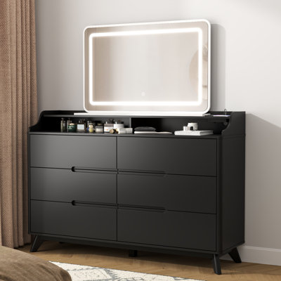 Commode pour chambre à coucher avec 6 tiroirs, grande commode de 55 po et commode avec station de charge, rangement pour vêtements en bois