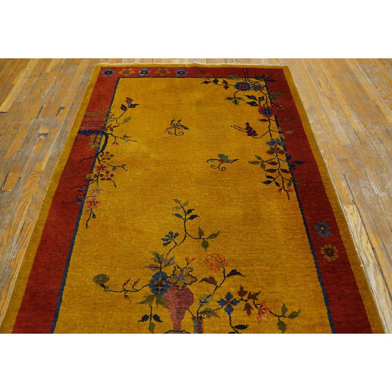 Antique Art Deco Small Scatter Size Wool Pink, Yellow / Gold Rug
