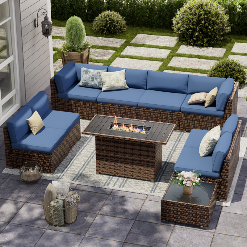 Avamay Rattan Sectional Seating Group with Cushions, Navy Blue Performance Microfiber, Yes