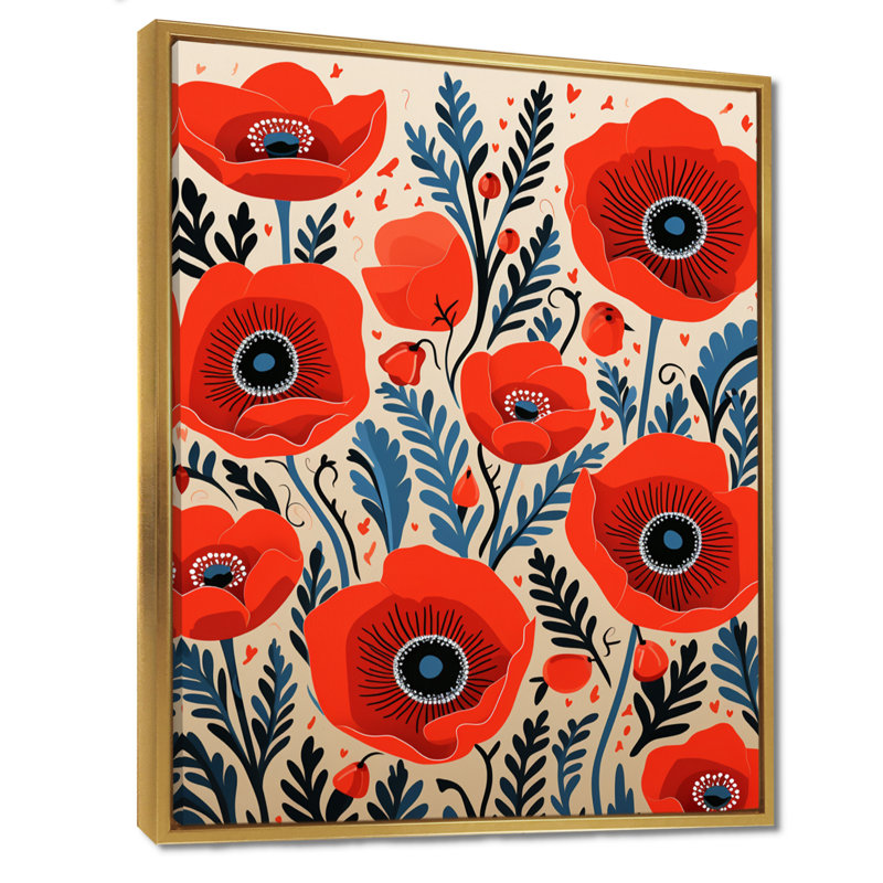 Blooming Poppies - Illustration rétro - coquelicot, H 32 po x l 24 po, Cadre flottant doré, bois massif
