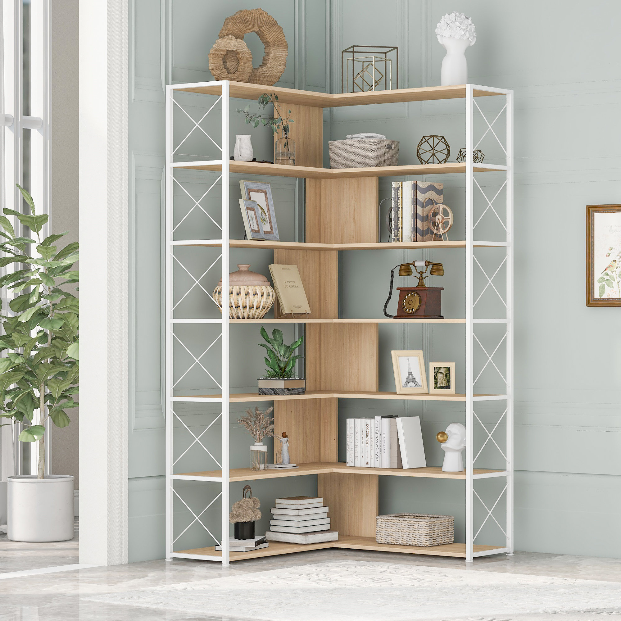 17 Stories Gupton 6Tier LShaped Metal Frame Corner Bookcase, Office
