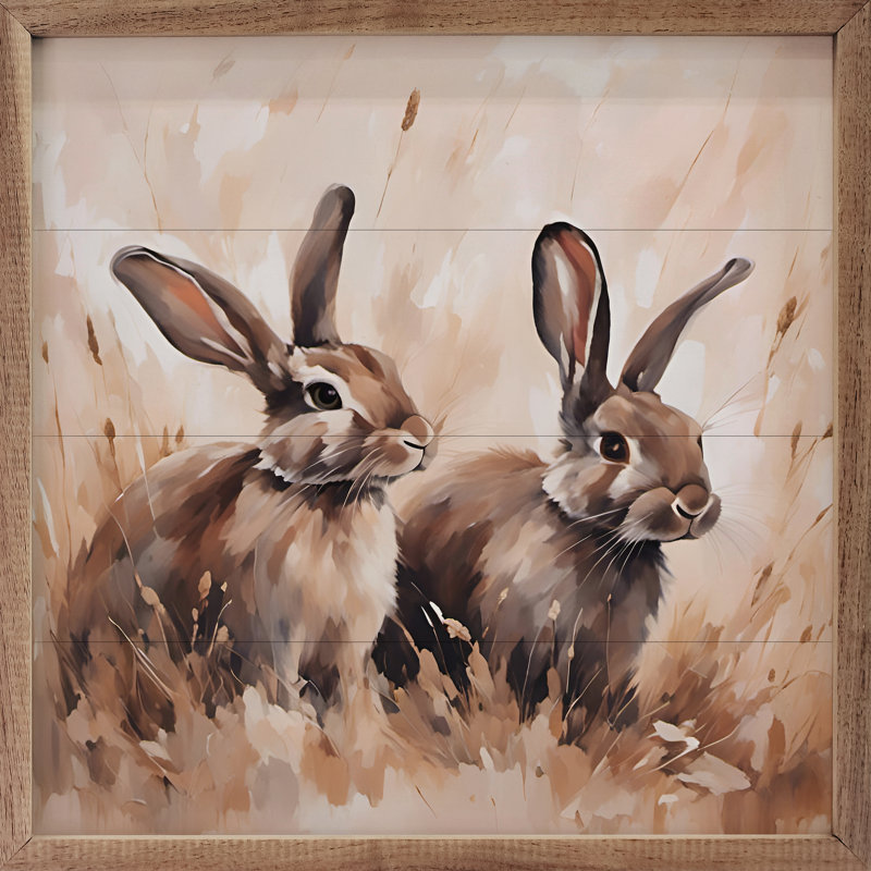 Deux lapins bruns encadrés sur bois, H 16 po x l 16 po