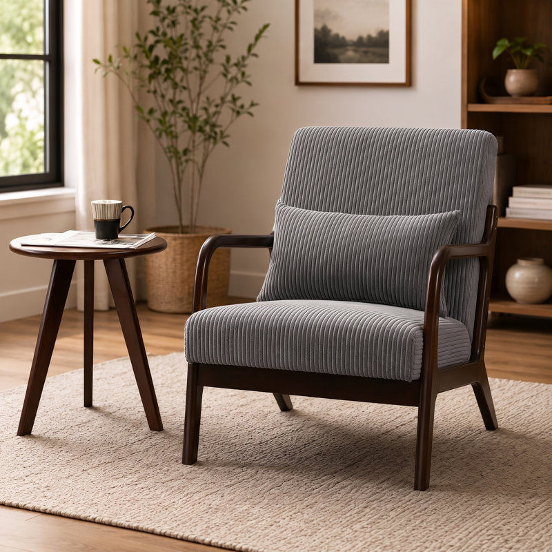 Chaise d'appoint Mid-Century moderne en bois d'hévéa avec coussin lombaire, Gris foncé, Noyer