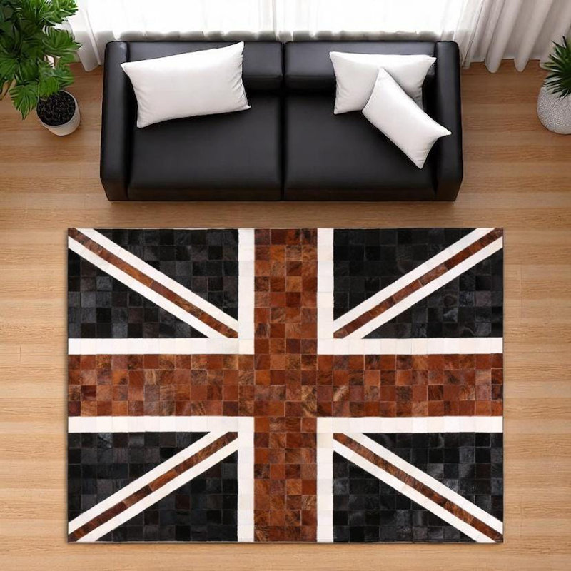 Tapis patchwork en cuir de vache personnalisé Union Jack, Rectangulaire 3 pi x 5 pi
