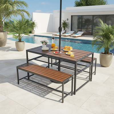 Ensemble de salle à manger d'extérieur avec cadre en métal pour 4-6 personnes et table de pique-nique d'extérieur avec bancs