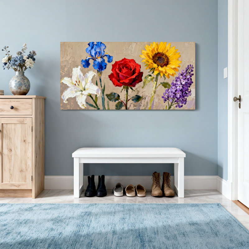 Plantes et fleurs, art floral sur toile avec des fleurs éclatantes, H 24 po x l 48 po