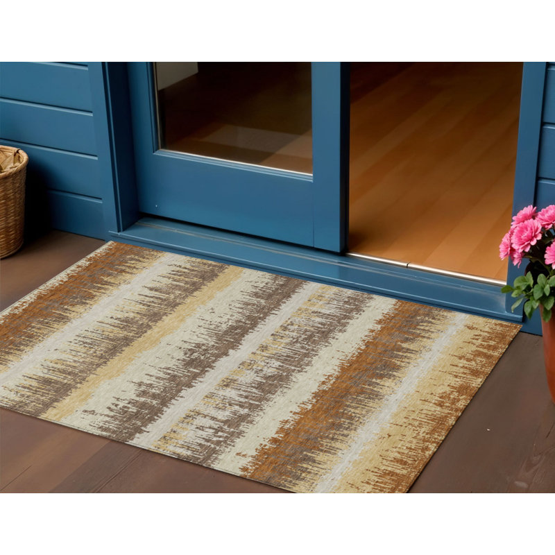 3' X 5' Brown Striped Washable Indoor Outdoor Area Rug