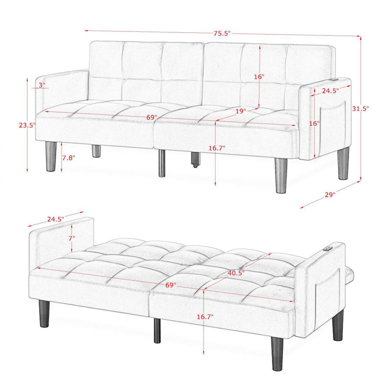 Velvet Futon Couch Convertible, Gris