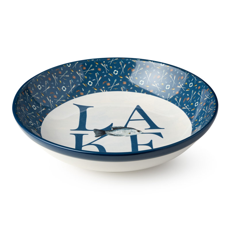 Bol de service / à pâtes Wake at the Lake de 13 pouces, conception inspirée du lac avec des œuvres d'art rustiques, grès durable, va au lave-vaisselle et au micro-ondes, parfait pour les salades, les pâtes et les plats partagés