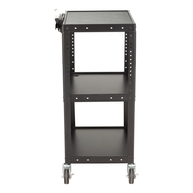 Black Alloy Steel Rolling AV Media Cart with Adjustable Shelves