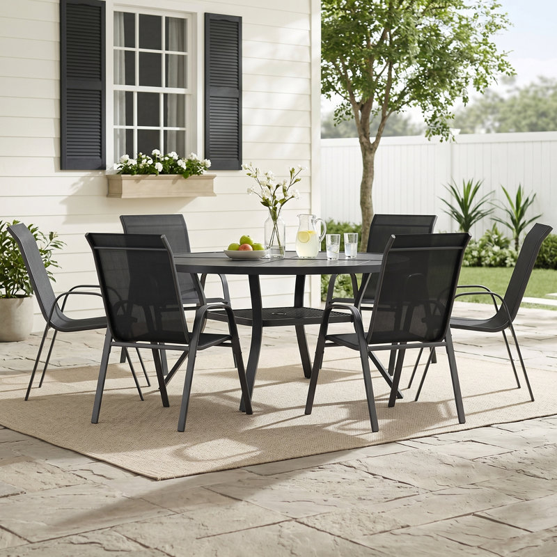 6-Person Round Patio Dining Set With Stackable Textilene Chairs, Black/Black