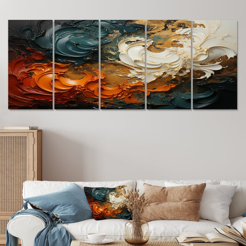 «Orange and Gold Ripple Waves Melody II», peinture abstraite, art mural 5 pièces, H 32 po x l 80 po