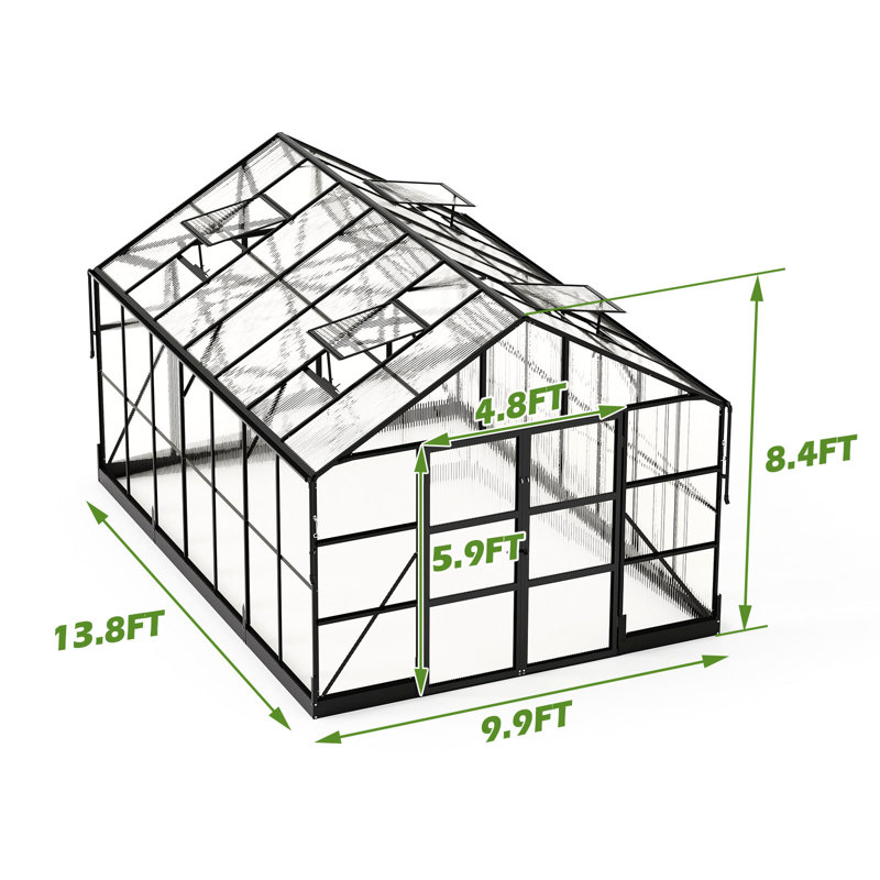  Grower’s Haven AMERLIFE Polycarbonate Greenhouse with 4 Roof Vents & Rain Gutter, 10*8.4*14FT