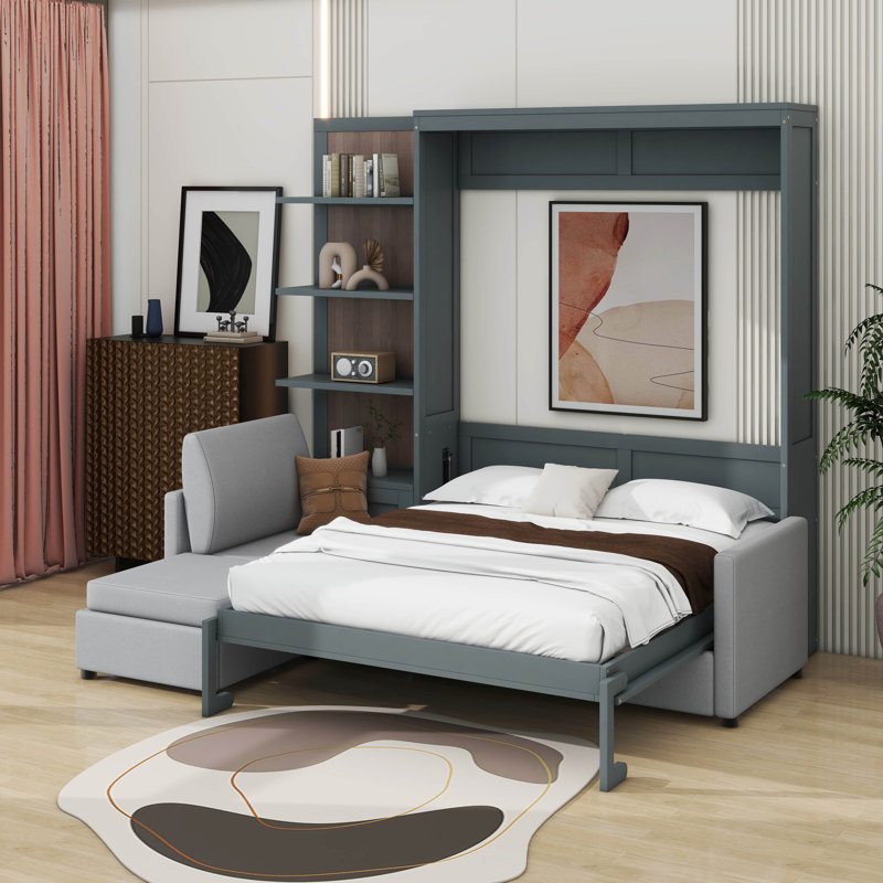 Grand lit escamotable avec canapé et tablettes, gris