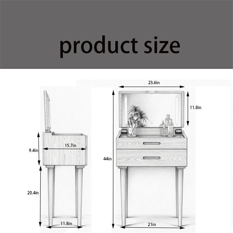Solid Wood Small Vanity Desk with Mirror and Lights, Noyer