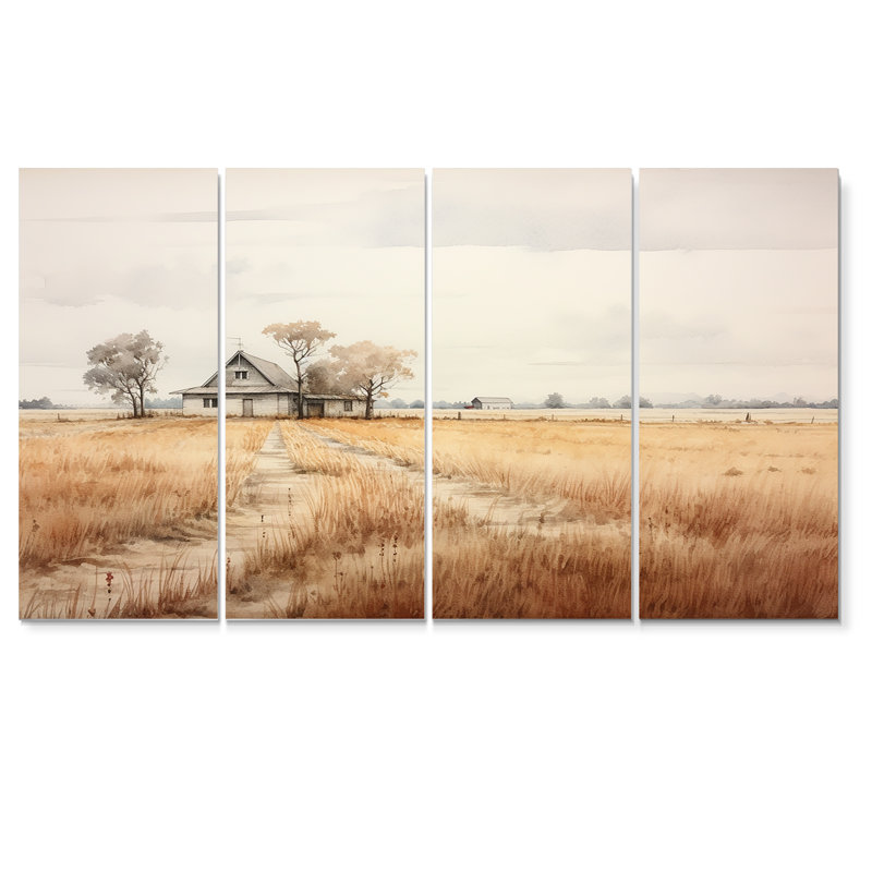 «Country House In Autumn Wheatfield I», art mural sur toile 4 pièces, H 28 po x l 48 po