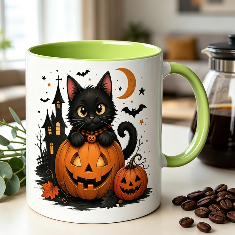 Cute Ceramic Mug with Adorable Black Cat & Jack-O'-Lantern Pumpkin Design  Suitable for Coffee, Tea, Milk.