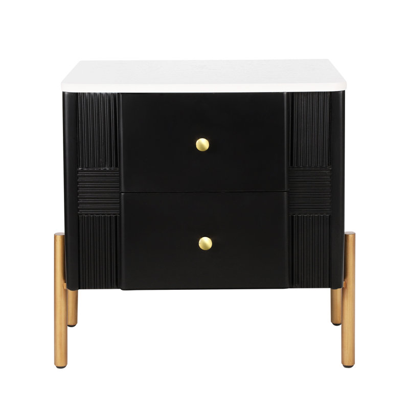 Table de chevet noire avec devant cannelé et pieds en métal doré, 2 tiroirs de rangement spacieux, facile à assembler et à entretenir pour la table de chevet, petites poignées à boutons exquises, fonctionnement facile