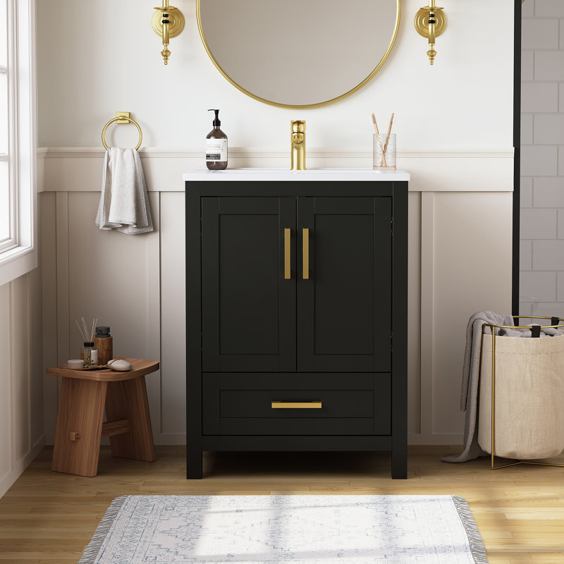 Korde Freestanding Single Bathroom Vanity With Solid Surface Composite Top, 25", Black