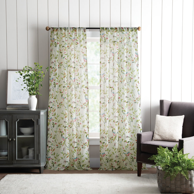 Forest Green Sheer Botanical Print Polyester Window Panels, 37in x 84in