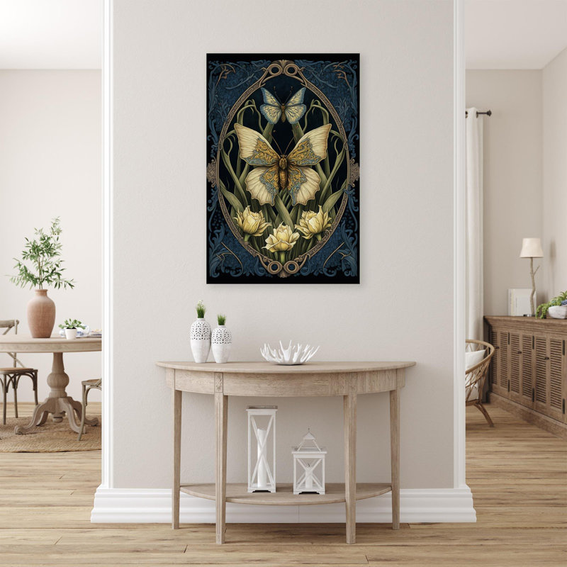 Jonquilles et papillon - impression sur toile tendue, H 14 po x L 11 po x l 1,25 po