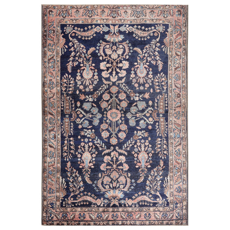 Tapis floral tissé à la machine Lindauer - bleu marine / rosé, Tapis de couloir 2 pi 6 po x 7 pi 6 po