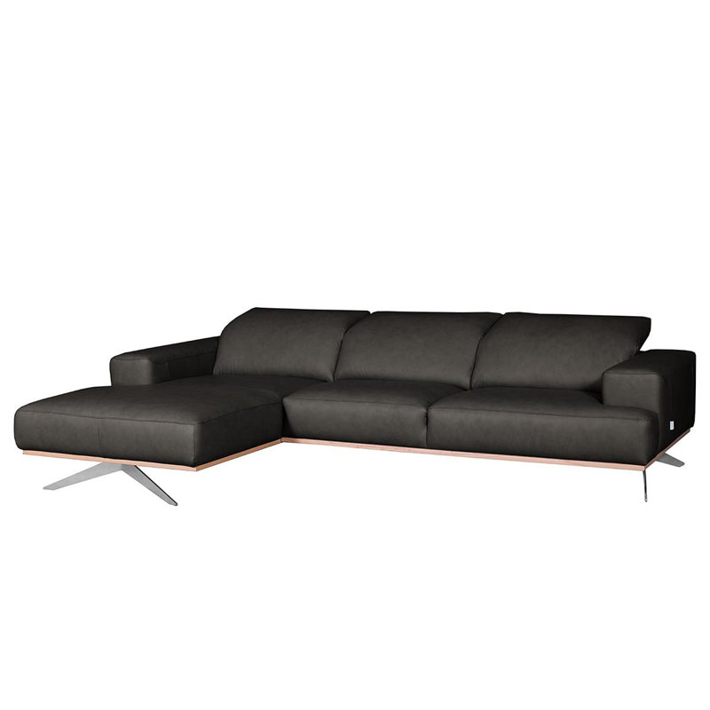 Edeltraut Genuine Leather Corner Sofa with Wooden Frame, Black, Left Hand Facing
