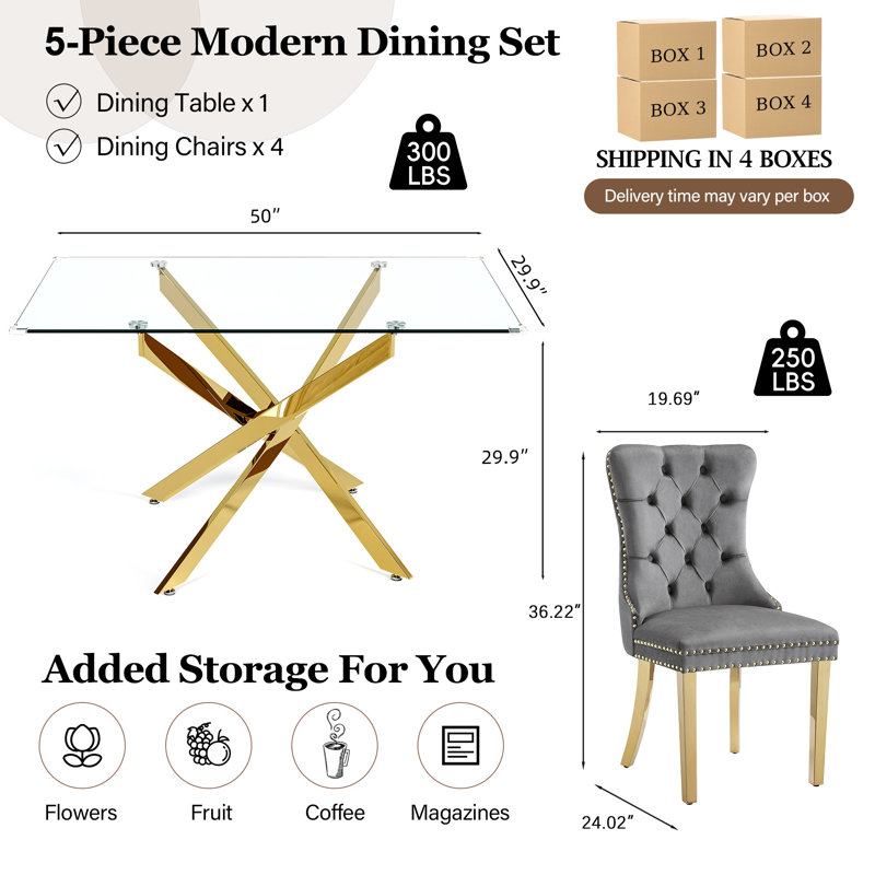 5-Piece Dining Set With Tempered Glass Table & Velvet Upholstered Chairs – Modern Dining Set For 4, Gold, Gray/Gold