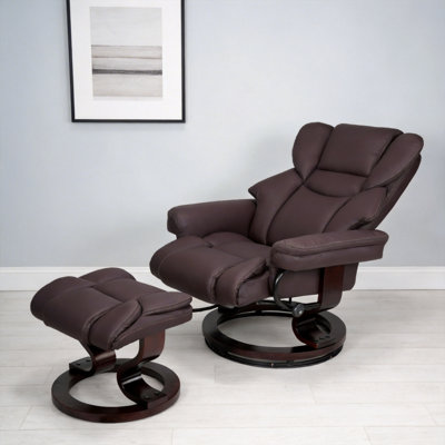 Fauteuil inclinable de massage à 8 points avec repose-pieds, fauteuil inclinable chauffant en cuir pour chat, base en bois cintré, fauteuil télé d'intérieur avec repose-pieds pour le salon et la chambre à coucher, brun