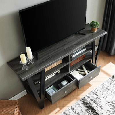 Tall Tv Cabinet With 2 Drawers & Shelf , Grey/Black, 60 - 69 Inch Grey And Black Stand Shelves, Braiding