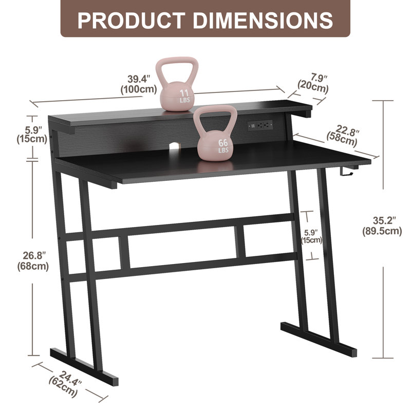 Small Computer Desk,Computer Desk with Power Outlets & Led Light,Home Office Desk with Monitor Shelf,, Black