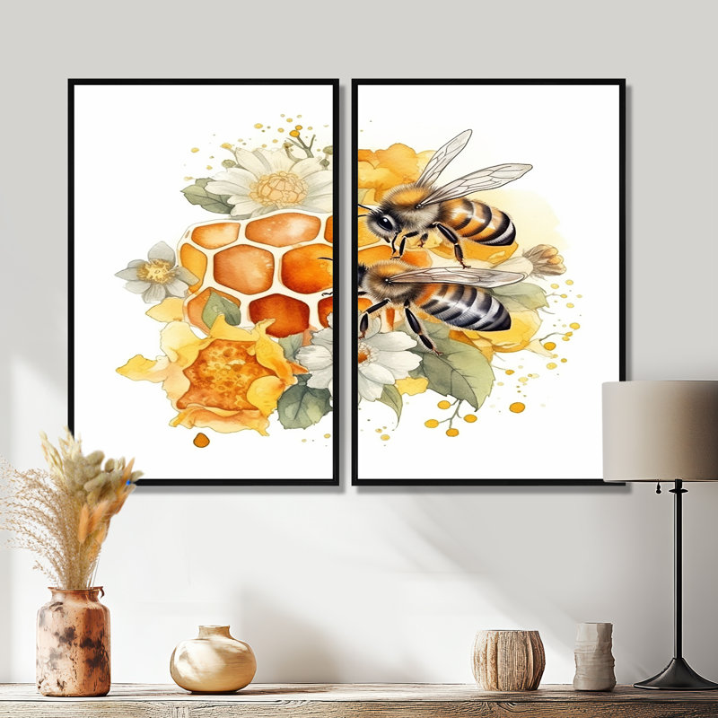 Floral Bee IV - 2 panneaux décoratifs animaux, Black, 36" H x 48" W, Impression encadrée flottante