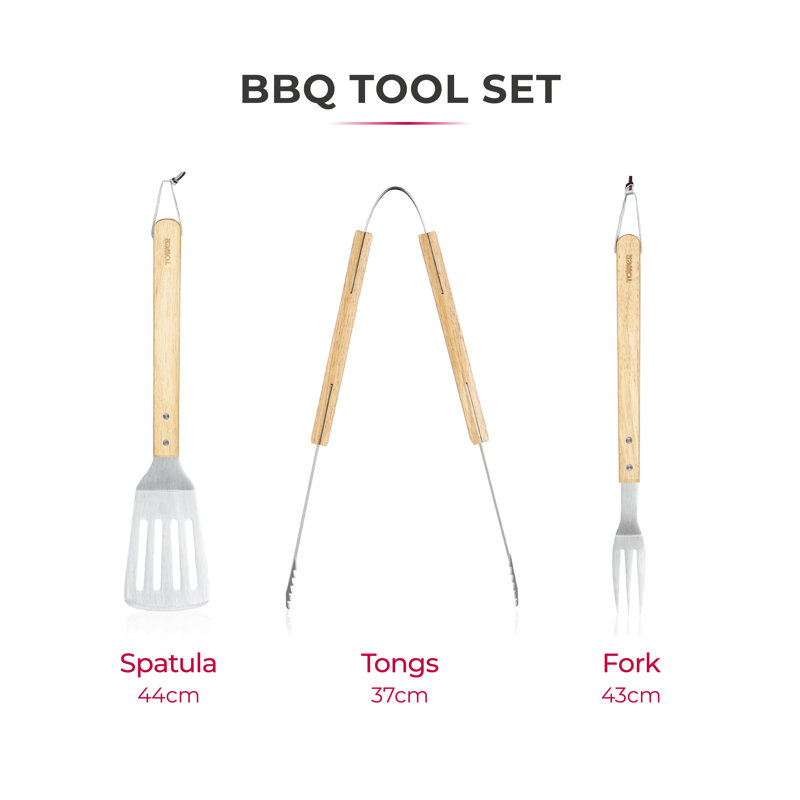 Tower T932005 BBQ 4 Piece Tool Set with Wooden Handles and Carry Case, Stainless Steel