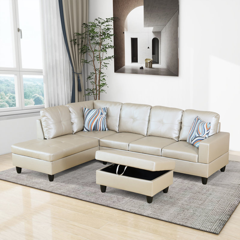 Brevard Faux Leather L-Shaped Sectional, Left Hand Facing, Shiny Cream