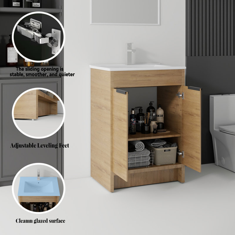 Meuble-lavabo autoportant avec lavabo, Chêne, 24"