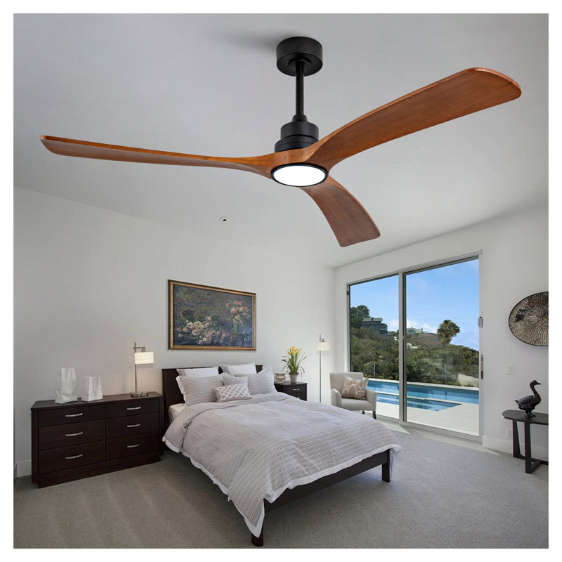 60 Inch Wood Ceiling Fan with 3 Solid Walnut Blades, Remote Control & Reversible DC Motor - Quiet LED Ceiling Fan for Living Room, Black