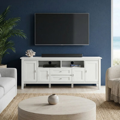 Warm Shaker 72"W Solid Wood Transitional TV Stand for TVs up to 80" with 4 Cabinets, 1 Drawer, and Flip-Down Compartment