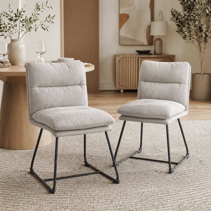 Jed Faux Leather/Linen Upholstered Dining Side Chair with Metal Sled Base, Linen Beige