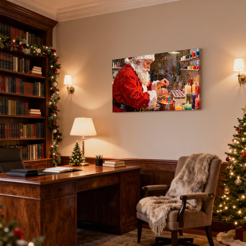 Ensemble de 3 impressions sur toile de Noël, père Noël, fabrication de bougies dans une scène d'atelier, H 12 po x l 18 po