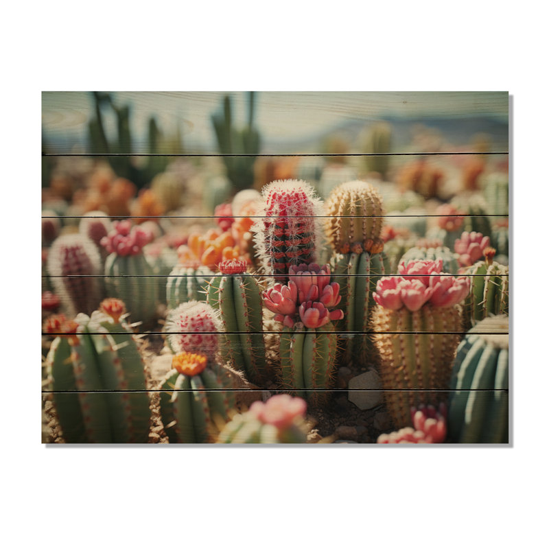 Cactus vert et rose I sur bois, H 24 po x l 32 po x P 0,78 po