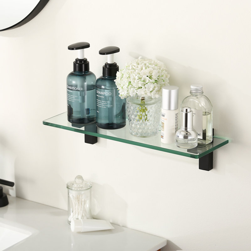 Eunson 19.7'' Floating Bathroom Glass Shelf Tempered Glass Rectangular Extra Wall Mount Matte Black, Black