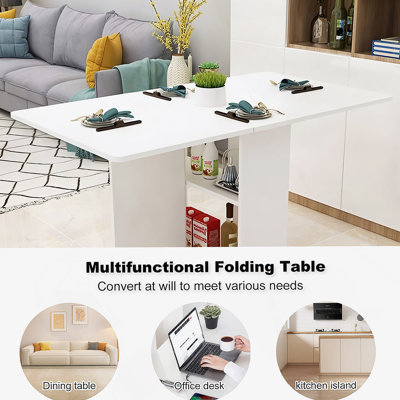 Folding Drop Leaf Dining Table With 6 Wheels And 2-Layer Storage Shelf, Space Saving Table For Small Spaces, 47.2 Inch D X 23.6 Inch W X 30.3 Inch H, White