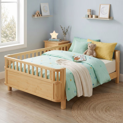 Full Montessori Floor Bed with Removable Safety Guardrails, Solid Wood Kids Daybed, Low Profile Toddler Bed Frame with Curved Side Panels for Bedroom & Playroom, Natural