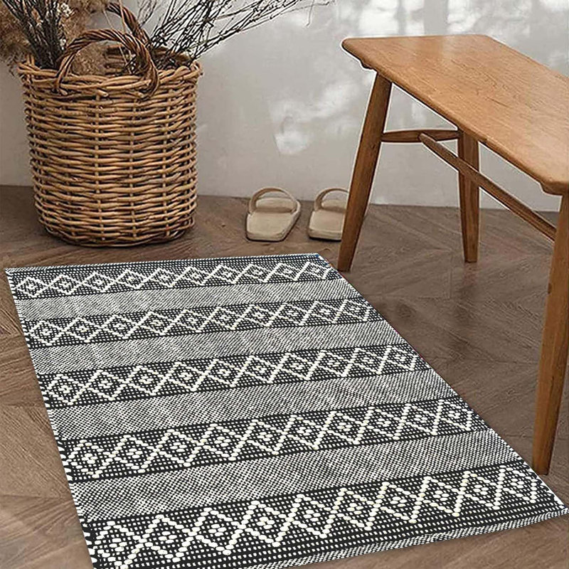 Tapis noir / blanc en coton tissé à plat à la main Steverson, Black/ivory, Simple - L 36 po x l 24 po