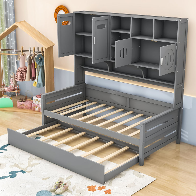 Wooden Daybed With Trundle, Cabinet and Shelf, Gray, Twin